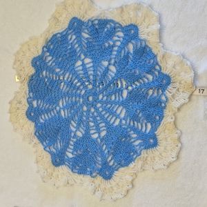 Crochet Hand Made @17 in Dia. Doilly Art for Home, Acrylic, Blue and Cream
